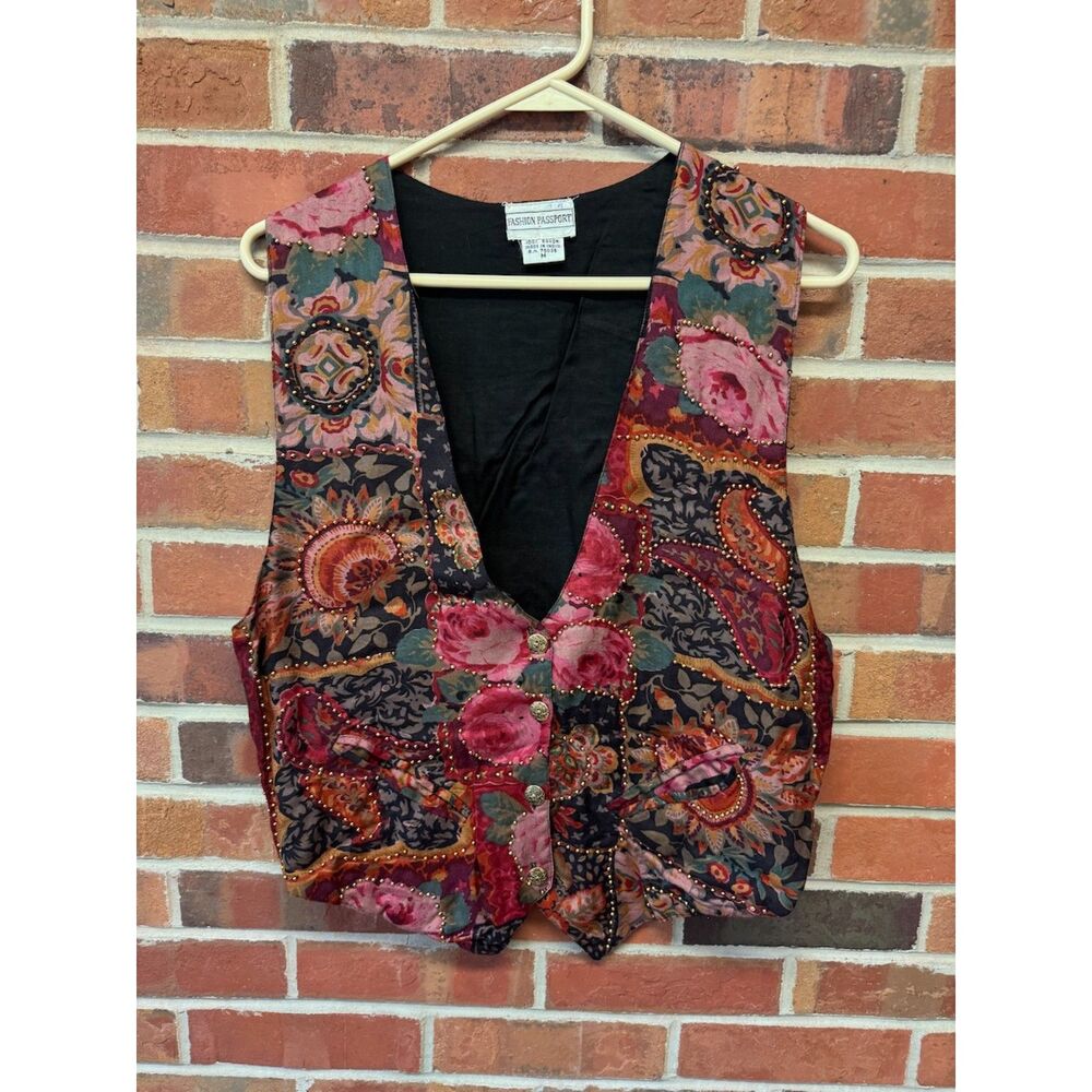 Vintage Fashion Passport Beaded Floral Rayon Vest Size M